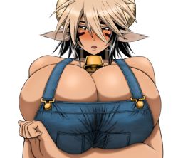 Rule 34 | 1girl, animal ears, black hair, blush, bra, breasts, brown eyes, brown hair, cathyl, cleavage, colorized, cow ears, cow girl, female focus, horns, huge breasts, looking at viewer, minotaur, monster girl, monster musume no iru nichijou, naked overalls, open mouth, overalls, pointy ears, short hair, simple background, solo, underwear, upper body, white background