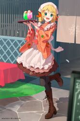 Rule 34 | 1girl, :d, apron, aqua eyes, blonde hair, blush, boots, braid, food, glass, hair ornament, hair ribbon, hairpin, highres, holding, holding tray, kanpa (campagne 9), looking at viewer, open mouth, original, ribbon, shaved ice, skirt, smile, standing, standing on one leg, teeth, thighhighs, tray, twin braids, upper teeth only