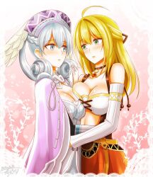 Rule 34 | 2girls, blonde hair, blush, breasts, cleavage, commentary request, dated, detached sleeves, fiora (xenoblade), green eyes, grey hair, hair ribbon, head wings, hisin, holding hands, large breasts, long hair, melia antiqua, multiple girls, open mouth, red ribbon, ribbon, wings, xenoblade chronicles (series), xenoblade chronicles 1