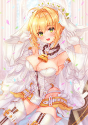 Rule 34 | 1girl, absurdres, bare shoulders, belt, blonde hair, blush, breasts, bridal veil, chain, cleavage, detached collar, detached sleeves, fate/extra, fate/extra ccc, fate (series), gloves, green eyes, hair between eyes, hair intakes, highleg, highleg leotard, highres, large breasts, leotard, lock, long hair, looking at viewer, nero claudius (bride) (fate), nero claudius (bride) (second ascension) (fate), nero claudius (fate), nero claudius (fate) (all), open mouth, padlock, pika mouse, puffy detached sleeves, puffy sleeves, smile, solo, thighhighs, thighs, veil, white gloves, white leotard, white sleeves, white thighhighs, zipper pull tab