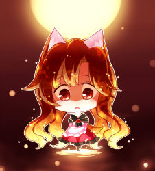 Rule 34 | 1girl, animal ears, brooch, brown hair, chibi, dress, imaizumi kagerou, jewelry, long hair, long sleeves, looking at viewer, open mouth, red eyes, solo, tail, totoharu (kujirai minato), touhou, wolf ears, wolf tail