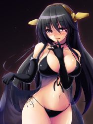Rule 34 | 10s, 1girl, between breasts, bikini, black bikini, black hair, blush, breasts, curvy, dark persona, front-tie top, gradient background, hairband, haruna (kancolle), heart, heart-shaped pupils, kantai collection, large breasts, long hair, looking at viewer, loussier666, navel, side-tie bikini bottom, smile, solo, swimsuit, symbol-shaped pupils, wide hips