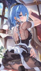 Rule 34 | 1girl, absurdres, ahoge, apron, arm support, arm up, ass, back bow, belt, black belt, black dress, black footwear, black headwear, black pantyhose, blue eyes, blue gemstone, blue hair, blush, book, book stack, bow, breasts, chair, clothes lift, curtains, day, dress, dress lift, earrings, easy chair, frilled apron, frilled dress, frills, from behind, gem, hair between eyes, hair ornament, hairclip, highres, hololive, hoshimachi suisei, hoshimachi suisei (maid), houkisei, indoors, jewelry, leaf, lifted by self, looking at viewer, looking back, maid apron, medium breasts, medium hair, nail polish, paid reward available, pantyhose, parted lips, phonograph, pink nails, plant, see-through, see-through shirt, short sleeves, sidelocks, sitting, solo, sunlight, table, tablecloth, thighs, virtual youtuber, wariza, white apron, window