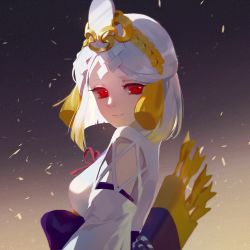 Rule 34 | 1girl, arrow (projectile), blonde hair, bob cut, breasts, clothing cutout, colored tips, eyelashes, film grain, floating hair, from side, gradient background, hair ornament, half updo, highres, japanese clothes, looking at viewer, looking to the side, miketsu (onmyoji), mirror, multicolored hair, obi, object on head, onmyoji, quiver, red eyes, sash, shide, short hair, smile, solo, streaked hair, tassel, upper body, white hair, yisiwanxi
