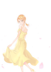 Rule 34 | 1girl, absurdres, bare arms, blush, brown eyes, brown hair, commentary request, dress, from behind, hair ornament, highres, isshiki iroha, looking at viewer, okaki wtvc3785, ponytail, shoes, short hair, simple background, smile, solo, white background, yahari ore no seishun lovecome wa machigatteiru., yellow dress