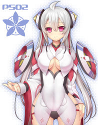 Rule 34 | 1girl, ahoge, armor, bodysuit, breasts, cleavage, cleavage cutout, clothing cutout, headgear, highres, large breasts, long hair, long sleeves, looking at viewer, matoi (pso2), mikoto cluster, phantasy star, phantasy star online 2, pink eyes, smile, solo, standing, twintails, very long hair, white hair, wide sleeves, yosugara shou