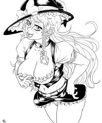 Rule 34 | 1girl, alternate breast size, belt, blush, bow, braid, breasts, cleavage, cleavage reach, cleft of venus, clothes lift, earrings, female pubic hair, frilled skirt, frills, hat, hat bow, high contrast, highres, jewelry, kirisame marisa, large breasts, lineart, long hair, looking at viewer, midriff, miniskirt, monochrome, naughty face, navel, nipple slip, nipples, no bra, no panties, open mouth, pubic hair, puffy short sleeves, puffy sleeves, pulled by self, pussy, pussy peek, ragathol, short sleeves, side braid, single braid, skirt, skirt lift, solo, star (symbol), star earrings, touhou, uncensored, wind, wind lift, witch hat