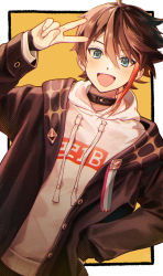 Rule 34 | 1boy, blue eyes, brown hair, brown jacket, choker, drawstring, dutch angle, hand on own hip, hand up, highres, hood, hood down, hoodie, jacket, looking at viewer, male focus, nijisanji, open clothes, open jacket, open mouth, outside border, pi pa, saegusa akina, smile, solo, upper body, v, virtual youtuber, white hoodie
