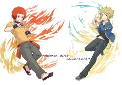 Rule 34 | 2boys, afro, black footwear, black pants, black shirt, blonde hair, blouse, blue eyes, blue jacket, bracelet, clenched hand, collared shirt, creatures (company), dated, flint (pokemon), full body, game freak, grey eyes, grin, hands up, holding, holding poke ball, jacket, jewelry, long sleeves, multiple boys, nintendo, pants, poke ball, pokemon, pokemon bdsp, pokemon dppt, red hair, sandals, shirt, shoes, short hair, short sleeves, smile, spiked hair, volkner (pokemon), white background, yellow shirt