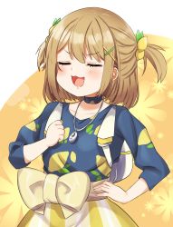Rule 34 | 1girl, :3, blonde hair, blue shirt, blush, bow, clenched hand, closed eyes, hair behind ear, hand on own hip, highres, jewelry, necklace, open mouth, pocchari, satsuki lemon, shirt, short hair, skirt, smug, solo, striped clothes, striped skirt, two side up, v-shaped eyebrows, virtual kouhou taishi project, virtual youtuber, yellow bow, yellow skirt