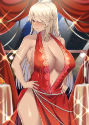 Rule 34 | 1girl, alcohol, armpit crease, artist name, bare shoulders, blonde hair, blush, breasts, center opening, champagne, cleavage, closed mouth, collarbone, commission, cowboy shot, cup, curtains, dark-skinned female, dark skin, dress, hair over one eye, hands on own hips, highres, ikkitousen, indoors, j.moon, jewelry, large breasts, long hair, looking at viewer, musashibou benkei (ikkitousen), navel, red curtains, red dress, side slit, sleeveless, solo, standing, table, water drop