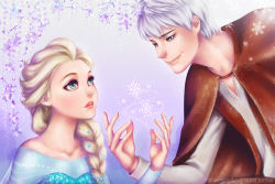 Rule 34 | 1boy, 1girl, crossover, elsa (frozen), frozen (disney), jack frost (rise of the guardians), rise of the guardians, sequins, snow, white hair