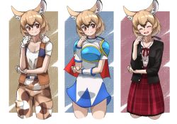 Rule 34 | 1girl, african giant pouched rat (kemono friends), animal ears, armor, belt, black jacket, blue shirt, blue skirt, blush, bow, bowtie, brown hair, brown pants, brown vest, camouflage, camouflage pants, cape, character request, collarbone, commentary request, copyright request, cowboy shot, extra ears, fur collar, gambian rat (kemono friends), highres, jacket, kemono friends, kemono friends 3, light brown hair, mouse ears, mouse girl, mouse tail, multicolored hair, multiple views, official alternate costume, open clothes, open jacket, pants, pauldrons, plaid, plaid skirt, pleated skirt, red cape, red eyes, red neckwear, red skirt, school uniform, shirt, short hair, short sleeves, shoulder armor, skirt, t-shirt, tail, tanabe (fueisei), vest, white fur, white hair, white shirt