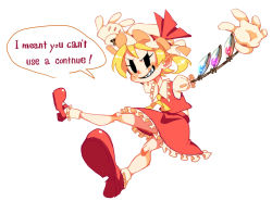 Rule 34 | 1girl, ascot, blonde hair, blue eyes, cosplay, dress, english text, engrish text, extra eyes, eye socket, flandre scarlet, flandre scarlet (cosplay), frilled dress, frilled socks, frills, full body, gloves, hat, mary janes, mechanical arms, nappooz, outstretched arms, peacock (skullgirls), pink eyes, puffy sleeves, ranguage, red eyes, sharp teeth, shoes, short hair, side ponytail, simple background, skullgirls, socks, solo, speech bubble, spread arms, teeth, touhou, typo, white background, white gloves
