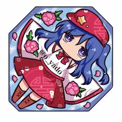 Rule 34 | 1girl, blue eyes, blue hair, boots, bow, bowtie, brown footwear, cabbie hat, chibi, commentary request, cross-laced footwear, flat cap, flower, hat, hat ornament, label girl (dipp), long sleeves, medium hair, pink flower, pink rose, red bow, red bowtie, red hat, red skirt, rose, side ponytail, skirt, sleeves past fingers, sleeves past wrists, star (symbol), star hat ornament, touhou, twitter username, vest, white sleeves, white vest, wide sleeves, yadoyuki