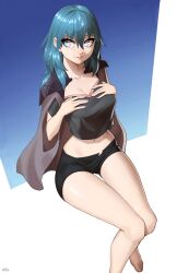 Rule 34 | 1girl, absurdres, artist name, bare legs, barefoot, black shirt, black shorts, blue hair, breasts, byleth (fire emblem), cape, cleavage, closed mouth, collarbone, cropped shirt, eyelashes, feet, fire emblem, fire emblem: three houses, foot out of frame, grey eyes, hair between eyes, hands on own breasts, hands up, highres, invisible chair, large breasts, legs, lips, long hair, looking to the side, midriff, navel, nintendo, shadow, shirt, short sleeves, shorts, sidelocks, sitting, solo, thighs, toenails, toes, x xith x