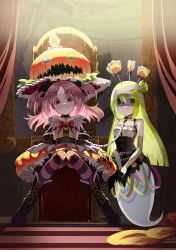 Rule 34 | 2girls, absurdres, alina gray, alina gray (halloween ver.), bandaged arm, bandages, boots, bubble skirt, candy, chain, choker, dark background, food, frills, ghost, ghost tail, green hair, halloween, halloween costume, hat, highres, holding, looking at viewer, magia record: mahou shoujo madoka magica gaiden, magical girl, mahou shoujo madoka magica, mask over one eye, misono karin, misono karin (halloween ver.), multicolored clothes, multiple girls, painting (object), poa, pumpkin, purple hair, ribbon, sarashi, sitting, skirt, smile, star (symbol), throne