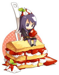 Rule 34 | 00s, 1boy, black eyes, black hair, boots, cake, chibi, food, fork, fruit, holding, holding food, holding fruit, knee boots, long hair, male focus, ninjin (charat7), open mouth, strawberry, strawberry shortcake, tales of (series), tales of vesperia, yuri lowell