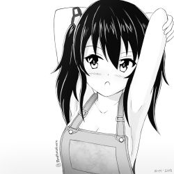 Rule 34 | 1girl, armpits, arms up, bare arms, bare shoulders, blush, breasts, cleavage, collarbone, dated, frown, gradient background, grey background, greyscale, hair between eyes, hair ornament, long hair, looking at viewer, monochrome, original, overalls, prophosphere, small breasts, solo, twitter username, upper body, white background