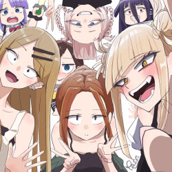 6+boys :d bags_under_eyes bandaged_head bandages black_camisole black_eyes black_hair blonde_hair blue_eyes blunt_bangs blush boku_no_hero_academia boku_no_kokoro_no_yabai_yatsu braided_hair_rings brown_eyes brown_hair camisole commentary_request dagashi_kashi double_bun double_v ear_piercing eating endou_saya fang fangs food grin hair_between_eyes hair_bun hair_ornament hair_rings hairclip highres holding holding_food ichikawa_kana jewelry looking_at_viewer messy_hair multiple_boys nanakusa_nazuna_(yofukashi_no_uta) necklace nose_blush open_mouth paso piercing pink_hair purple_hair red_eyes ringed_eyes sanpaku scrunchie shidare_hotaru shirt skin_fang slit_pupils smile teeth toga_himiko v white_background white_shirt wrist_scrunchie yamada_tae yellow_eyes yoshida_serina zombie_land_saga