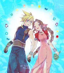 Rule 34 | 1boy, 1girl, 39cva, aerith gainsborough, anniversary, aqua background, aqua eyes, baggy pants, bandaged arm, bandages, bangle, bare shoulders, belt, blonde hair, blue pants, blue shirt, blush, bouquet, bracelet, braid, braided ponytail, breasts, brown belt, brown gloves, brown hair, choker, closed eyes, cloud strife, commentary request, cowboy shot, cropped jacket, dated, dress, final fantasy, final fantasy vii, flower, gloves, hair between eyes, hair ribbon, highres, holding, holding bouquet, holding flower, holding hands, jacket, jewelry, long dress, long hair, medium breasts, open mouth, pants, parted bangs, parted lips, pink dress, pink ribbon, puffy short sleeves, puffy sleeves, red jacket, ribbon, ribbon choker, shirt, short hair, short sleeves, sidelocks, single braid, sleeveless, sleeveless turtleneck, smile, spiked hair, suspenders, teeth, turtleneck, twitter username, unbuttoned dress, upper teeth only