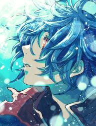 Rule 34 | 1boy, blue hair, bubble, chrono cross, commentary request, dark serge (chrono cross), expressionless, hair between eyes, looking up, male focus, open mouth, portrait, red eyes, red shirt, shirt, short hair, solo, tokio (okt0w0)