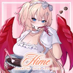 Rule 34 | 1girl, blonde hair, blue eyes, bowl, breasts, chocolate, chocolate on face, chocolate on hand, choker, cleavage, dated, dragon wings, dress, food, food on face, food on hand, hime hajime, hime hajime (2nd costume), holding, holding bowl, kato yuurina, large breasts, looking at viewer, official art, one side up, power symbol hair ornament, virtual youtuber, vshojo, white choker, white dress, wings