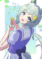 Rule 34 | 1girl, animal ears, back bow, blue eyes, blue hair, border, bow, bug, butterfly, clothing cutout, commentary request, ear covers, from behind, hair ornament, hairclip, harakomeshi, highres, horse ears, horse girl, horse tail, insect, blue background, light blue hair, looking at viewer, looking back, open mouth, pleated skirt, puffy short sleeves, puffy sleeves, purple bow, purple shirt, sailor collar, school uniform, seiun sky (umamusume), shirt, short hair, short sleeves, simple background, single ear cover, skirt, smile, solo, summer uniform, tail, tail through clothes, tracen school uniform, umamusume, white border, white skirt