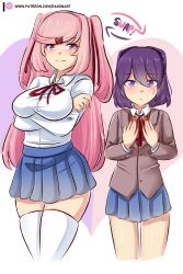 Rule 34 | 2girls, absurdres, alternate breast size, alternate hair length, alternate hairstyle, alternate height, arms under breasts, arrow (symbol), blue skirt, breasts, closed mouth, commentary, cowboy shot, doki doki literature club, dot mouth, english commentary, english text, grey jacket, hair between eyes, hair ornament, hair ribbon, hairclip, hand on own chest, heart, height difference, highres, jacket, large breasts, light blush, long hair, long sleeves, looking at viewer, multiple girls, natsuki (doki doki literature club), neck ribbon, patreon username, pleated skirt, purple eyes, raion (raionart), red ribbon, ribbon, role reversal, school uniform, shirt, simple background, skirt, smile, smug, sweatdrop, swept bangs, thighhighs, two side up, white shirt, white thighhighs, wing collar, yuri (doki doki literature club), zettai ryouiki