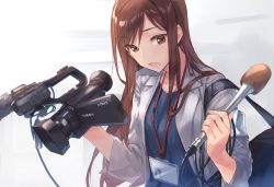 Rule 34 | 1girl, bag, brown eyes, brown hair, camcorder, holding, holding microphone, id card, long hair, matching hair/eyes, microphone, name tag, open mouth, original, solo, video camera, yomo (majidon)