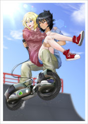 Rule 34 | 2girls, alternate hairstyle, andou (girls und panzer), arms around neck, black hair, blonde hair, blue eyes, blue footwear, blue shirt, blue shorts, blue sky, blurry, blurry background, brown eyes, brown legwear, carrying, casual, closed mouth, cloud, commentary, cross-laced footwear, cutoffs, dark-skinned female, dark skin, day, depth of field, folded hair, french commentary, girls und panzer, grey pants, hair up, highres, hood, hood down, hoodie, lens flare, long sleeves, looking to the side, medium hair, messy hair, motion blur, multiple girls, nishi itsumi, open mouth, oshida (girls und panzer), outdoors, pants, princess carry, red footwear, red hoodie, riding, shirt, shoes, short shorts, shorts, skatecycle, sky, smile, sneakers, socks, spade (shape), sun, t-shirt