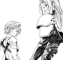 Rule 34 | 2boys, age difference, aged down, armor, belt, coat, dangle earrings, earrings, expressionless, final fantasy, final fantasy vii, final fantasy vii ever crisis, height difference, high collar, jewelry, long bangs, long hair, looking back, makix5s, male focus, monochrome, multiple belts, multiple boys, parted bangs, pauldrons, sephiroth, sephiroth (lethal style), shoulder armor, simple background, time paradox, upper body, white background