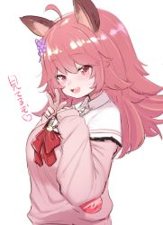 Rule 34 | 1girl, :d, ahoge, animal ears, animare, blush, breast suppress, capelet, cardigan, highres, long sleeves, looking at viewer, momono yurari, nanashi inc., neck ribbon, open mouth, pink cardigan, pink hair, red eyes, red ribbon, ribbon, simple background, smile, solo, utsusumi kio, virtual youtuber, white background, white capelet