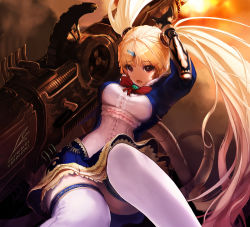 Rule 34 | 1girl, blonde hair, cannon, dimension zero, horns, long hair, open mouth, red eyes, single horn, solo, tachikawa mushimaro, thighhighs, twintails, upskirt, very long hair