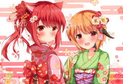 Rule 34 | 2girls, :d, animal ears, au ra, blush, bow, cat ears, collarbone, commentary request, egasumi, final fantasy, final fantasy xiv, floral print, flower, green kimono, hair flower, hair ornament, head tilt, japanese clothes, kedama (kedama akaza), kimono, long sleeves, looking at viewer, looking back, miqo&#039;te, multiple girls, obi, open mouth, orange flower, orange hair, pinching sleeves, pink kimono, print kimono, red bow, red eyes, red flower, red hair, sash, sleeves past wrists, smile, twintails, white flower, wide sleeves