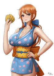 Rule 34 | 1girl, alternate costume, bare arms, bare legs, bare shoulders, breasts, commentary, cowboy shot, cropped shirt, earrings, english commentary, hand on own hip, highres, holding, holding money, japanese clothes, jewelry, kimono, kyopink, large breasts, lips, long hair, looking at viewer, low ponytail, money, nami (one piece), nami (one piece) (wano), obi, official alternate costume, one piece, orange eyes, orange hair, pearl earrings, revealing clothes, sash, shiny skin, simple background, smile, solo, standing, sweat, teeth, thighs, underboob, very long hair, white background, wide hips