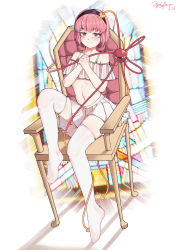 Rule 34 | 1girl, absurdres, alternate costume, chair, full body, hairband, heart, highres, komeiji satori, littiecy, looking at viewer, navel, pink eyes, pink hair, revealing clothes, short hair, sitting, skirt, smile, solo, stained glass, thighhighs, third eye, touhou, white thighhighs