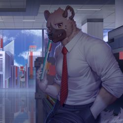 Rule 34 | 1boy, aggressive retsuko, artist name, black pants, blue sky, book, brown eyes, building, ceiling, cloud, day, furry, furry male, haida (aggretsuko), hand in pocket, holding, holding book, hyena, looking at viewer, male focus, necktie, office, pants, raccoon21, reflection, salaryman, scenery, shirt, sky, skyscraper, smile, solo, standing, thick arms, white shirt, window