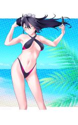 Rule 34 | 1girl, absurdres, agent (girls&#039; frontline), alternate costume, bare shoulders, bikini, black bikini, black hair, blush, breasts, closed mouth, collarbone, double bun, facial mark, feet out of frame, girls&#039; frontline, hair bun, hand in own hair, highres, holding, lips, long hair, looking at viewer, maid headdress, medium breasts, multicolored clothes, multicolored swimsuit, navel, pink bikini, sangvis ferri, simple background, smile, solo, standing, sugac, swimsuit, two-tone swimsuit, yellow eyes