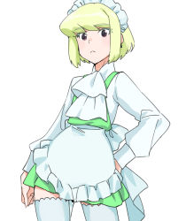 Rule 34 | 1boy, apron, blush, ascot, crossdressing, dress, earrings, green hair, hand on own hip, jewelry, lio fotia, looking at viewer, maid, maid headdress, male focus, ns1123, promare, purple eyes, short hair, solo, thighhighs, trap