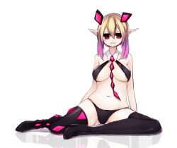 Rule 34 | 1girl, :3, arm support, arms behind back, bad id, bad pixiv id, bare arms, bare shoulders, bikini, black bikini, black footwear, blonde hair, blush, boots, breasts, breasts apart, collarbone, dark falz apprentice, detached collar, full body, glowing, gradient hair, hair between eyes, hair ornament, high heels, huge breasts, legs, looking at viewer, multicolored hair, muryotaro, navel, necktie, parted bangs, parted lips, phantasy star, phantasy star online 2, plump, pointy ears, purple hair, red eyes, reflective floor, ringed eyes, short hair, short hair with long locks, sidelocks, simple background, sitting, skindentation, smile, stiletto heels, swimsuit, thigh boots, thighhighs, two-tone hair, underboob, white background, wing collar, yokozuwari