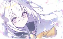 Rule 34 | 1girl, azusa (blue archive), blue archive, commentary, flower, hair between eyes, long hair, looking at viewer, necktie, purple eyes, reizouko, shirt, white background, white hair, white shirt, yellow necktie