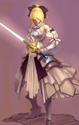 Rule 34 | 1girl, armor, armored dress, artoria pendragon (all), artoria pendragon (fate), bare shoulders, blonde hair, bow, caliburn (fate), capcom, detached sleeves, dress, fate/stay night, fate/unlimited codes, fate (series), female focus, gauntlets, gradient background, hair bow, hair over eyes, highres, ponytail, realistic, saber (fate), saber lily, shuizhanglang, solo, sword, weapon