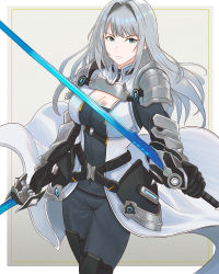 Rule 34 | 1girl, absurdres, armor, blue eyes, breast tattoo, breasts, cleavage, cleavage cutout, closed mouth, clothing cutout, dual wielding, ethel (xenoblade), grey hair, highres, holding, large breasts, long hair, looking at viewer, shoulder armor, simple background, solo, sword, tattoo, truejekart, very long hair, weapon, xenoblade chronicles (series), xenoblade chronicles 3
