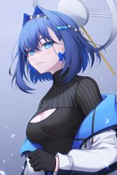 Rule 34 | 1girl, black gloves, black shirt, blue bow, blue eyes, blue hair, bow, bow earrings, breasts, chain, cleavage, cleavage cutout, closed mouth, clothing cutout, commentary, earrings, gloves, hair between eyes, hair intakes, hair ornament, hairclip, halo, head chain, highres, hololive, hololive english, jacket, jewelry, large breasts, long sleeves, looking at viewer, mechanical halo, medium breasts, off shoulder, open clothes, open jacket, ouro kronii, pong (vndn124), shirt, short hair, simple background, solo, striped, turtleneck, upper body, vertical stripes, virtual youtuber, white jacket