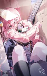 Rule 34 | 1girl, absurdres, akg k-series headphones, black socks, blue eyes, blurry, blurry background, bocchi the rock!, box, cable knit, cardboard box, cellphone, checkered floor, commentary, cube hair ornament, electric guitar, fumo (homosukii), gibson les paul, gotoh hitori, grey skirt, guitar, hair between eyes, hair flowing over, hair ornament, hair over eyes, headphones, highres, hugging object, in box, in container, instrument, jacket, knees, long bangs, long hair, long sleeves, one side up, open mouth, phone, photo (object), pink hair, pink jacket, pleated skirt, signature, skirt, sleeves past wrists, smartphone, socks, solo, track jacket, twitter username