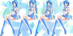Rule 34 | 1girl, absurdres, alternate hairstyle, bishoujo senshi sailor moon, blue footwear, blue hair, blue sailor collar, blue theme, boots, choker, circlet, elbow gloves, gloves, high heel boots, high heels, highres, knee boots, crossed legs, long hair, mercury symbol, miharin, miniskirt, mizuno ami, multiple persona, multiple views, open mouth, pleated skirt, ponytail, ribbon, sailor collar, sailor mercury, short hair, skirt, smile, triangle mouth, twintails, variations, white gloves