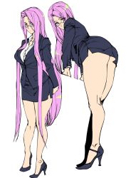 Rule 34 | ashiomi masato, ass, bent over, fate/stay night, fate (series), formal, glasses, high heels, long hair, looking at viewer, medusa (fate), medusa (rider) (fate), miniskirt, multiple views, office lady, pencil skirt, purple hair, simple background, skirt, skirt suit, standing, stiletto heels, suit, very long hair, white background