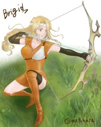 Rule 34 | 1girl, aiming, artist name, blonde hair, bow (weapon), braid, breasts, brigid (fire emblem), character name, chatarou (chatachata0201), cleavage, fire emblem, fire emblem: genealogy of the holy war, floating hair, highres, holding, holding bow (weapon), holding weapon, long hair, medium breasts, nintendo, solo, weapon