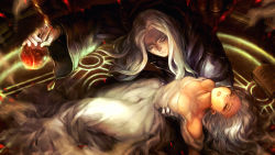 Rule 34 | 1boy, 1girl, arm around waist, book, breasts, cleavage, closed mouth, dragon&#039;s crown, dress, closed eyes, flask, game cg, highres, holding, kida emika, large breasts, long hair, magic circle, official art, open book, parted lips, round-bottom flask, white dress, white hair, wizard, wizard (dragon&#039;s crown)